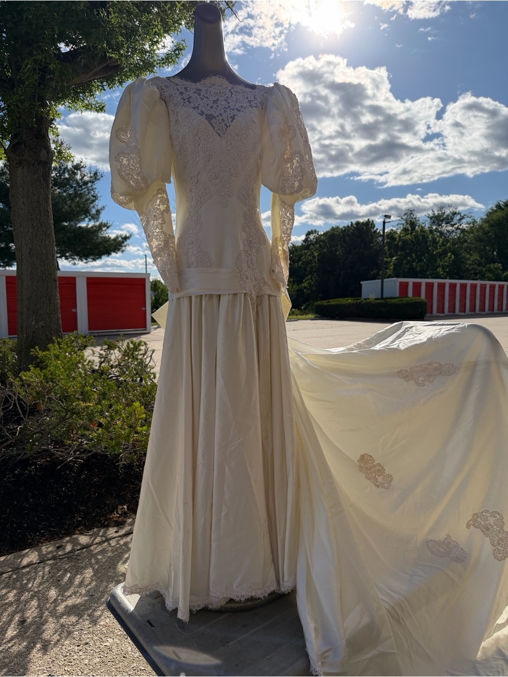 Custom Vintage Silk Wedding Gown Lace Puff Sleeve Cathedral Train Dress